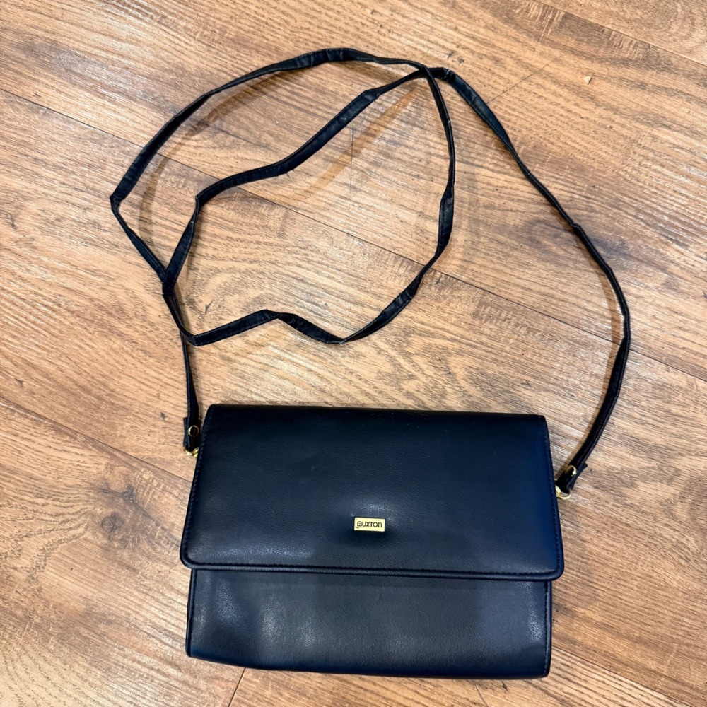 Buxton Black Leather Organizer Crossbody Bag Gold Hardware Wallet Purse